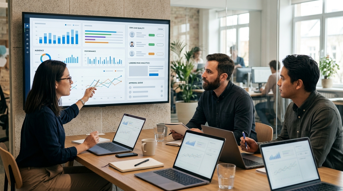 Agency team connecting campaign metrics with lead quality and business context