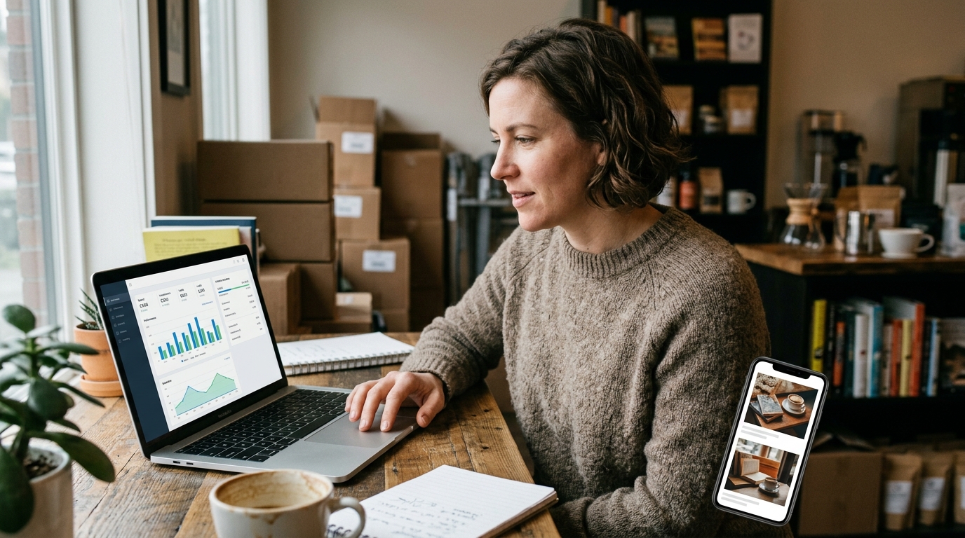 Small business owner reviewing a daily AI ad performance readout