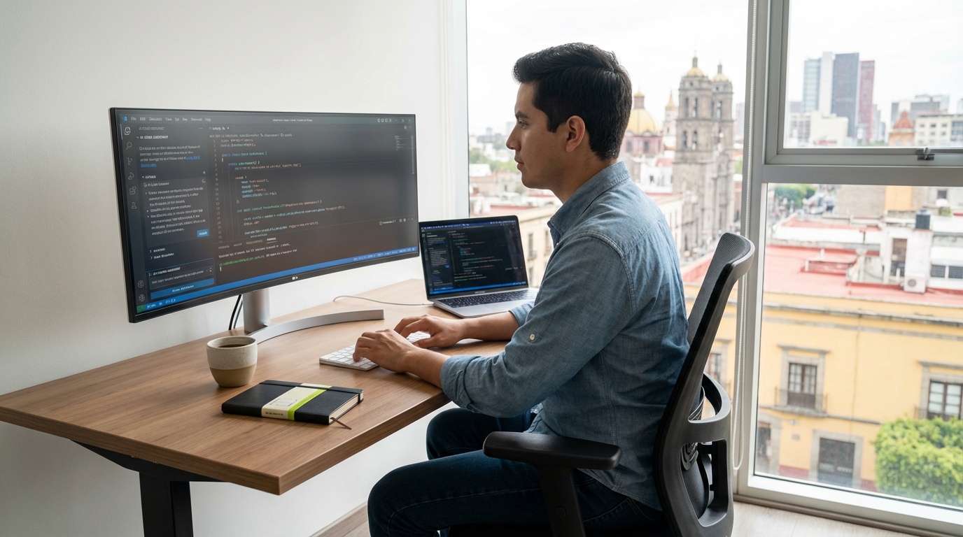 Software developer using AI coding tools at modern workspace