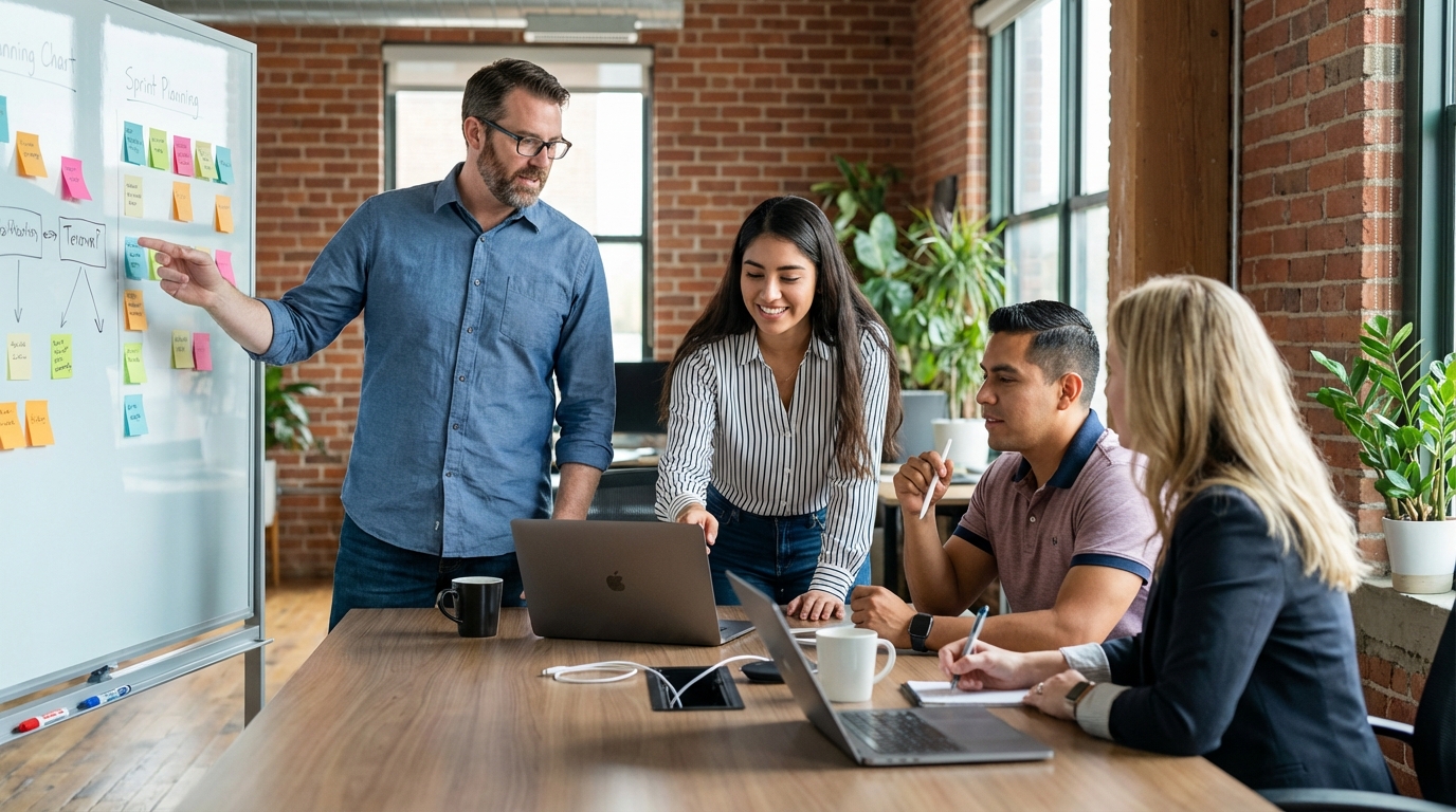 Mixed US and Mexico engineering team in sprint planning meeting